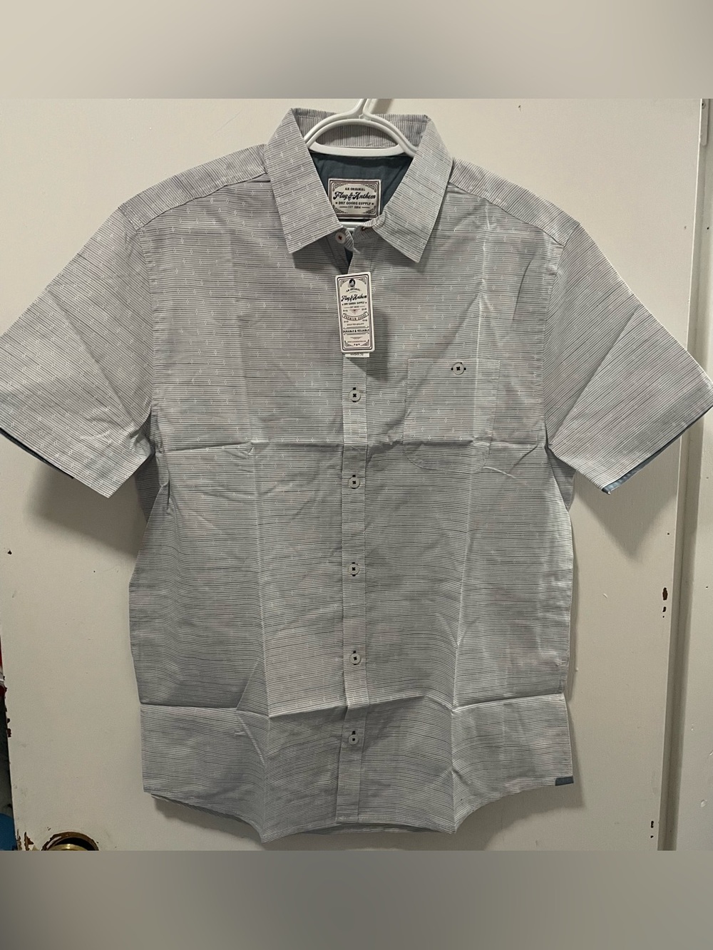 Flag & Anthem Men Button Up Grey Shirt Short Sleeve Dot Print 100% Cotton Medium